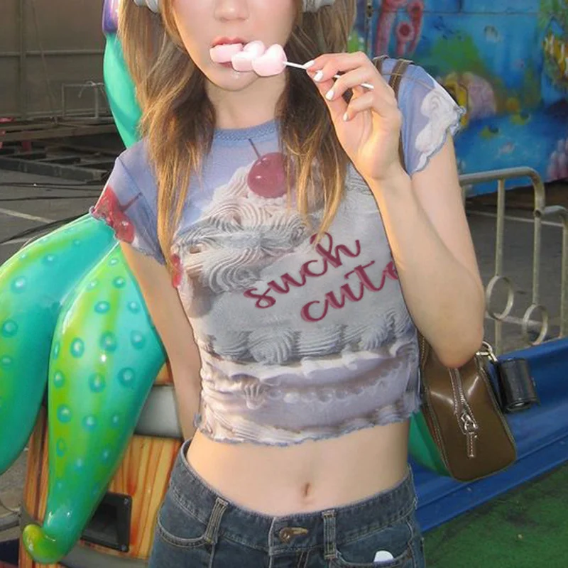 Uveng Sweet Wind Collar Bag Sleeve Cherry Cake Blue T-Shirt In Fashion Summer Wood Ear Exposed Umbilical Babes Top