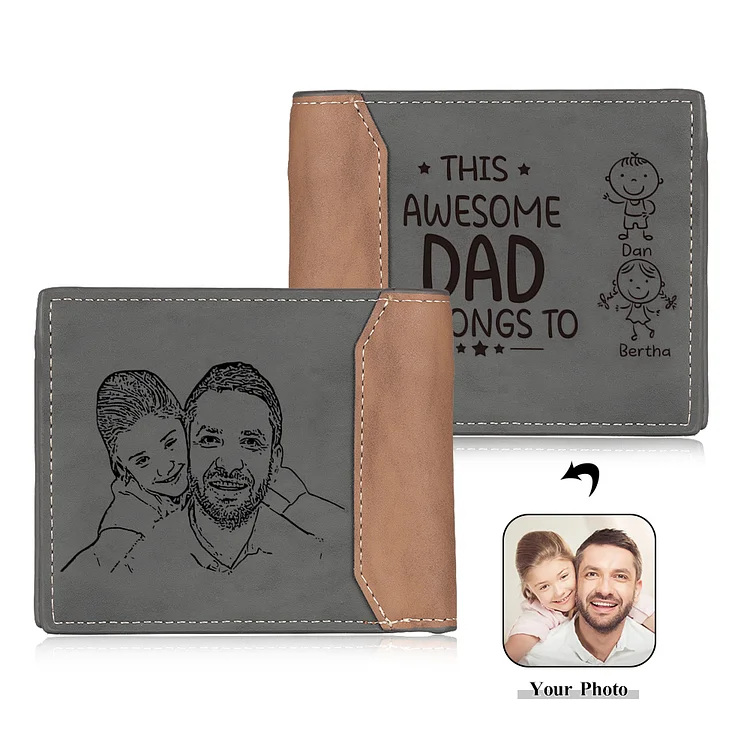 2 Names-Personalized Doll Customized Leather Men's Wallet Customized Name Folding Grey Wallet for Dad