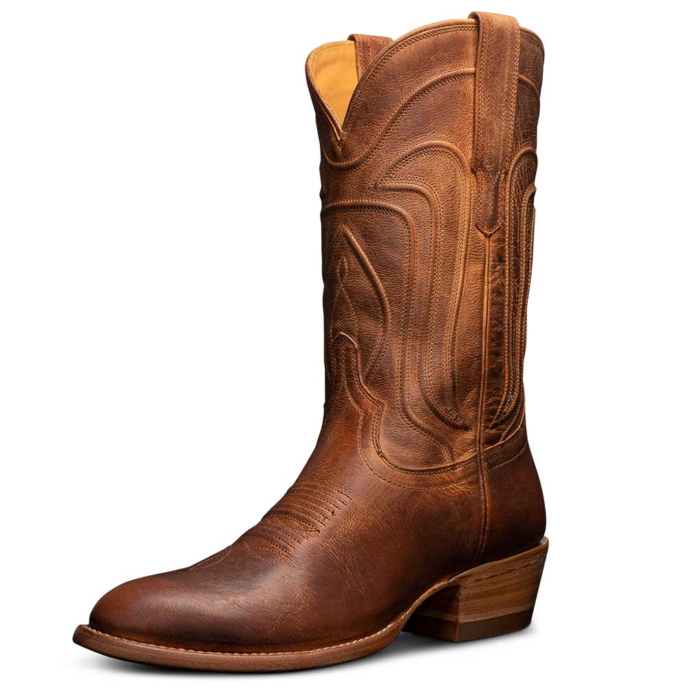Distressed Brown Chunky Heel Almond Toe Mid-Calf Cowgirl Boots