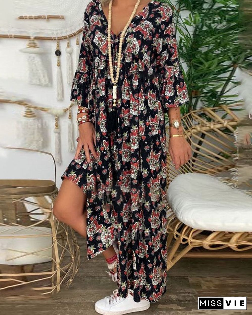 Boho Print Flare Sleeves Maxi Dress P10323