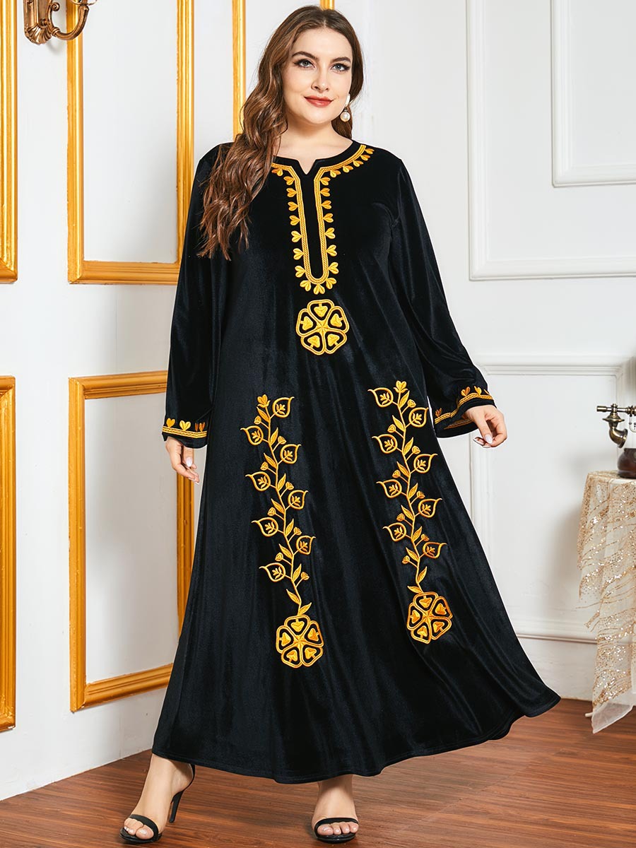 Casual loose and thick velvet gold thread embroidery autumn and winter long sleeve dress