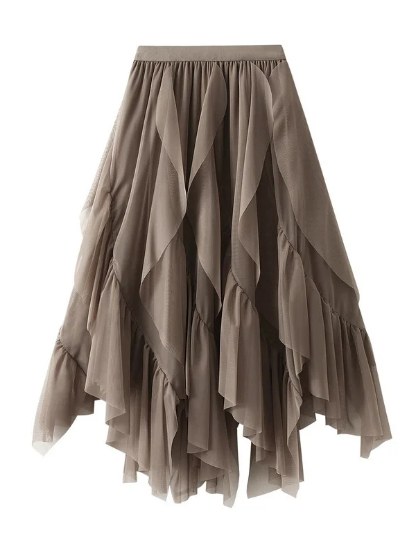 A-Line Loose Elasticity Gauze Pleated Solid Color Split-Joint Skirts