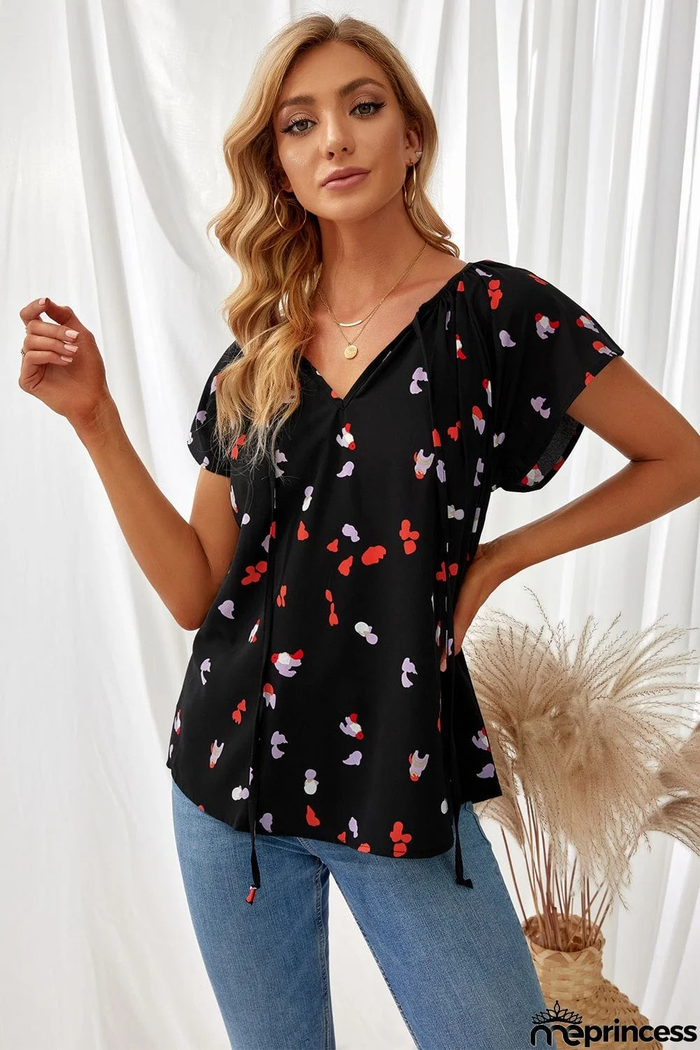 V-neck Short Sleeve Fashion Print Fantasy Fluttering Blouse