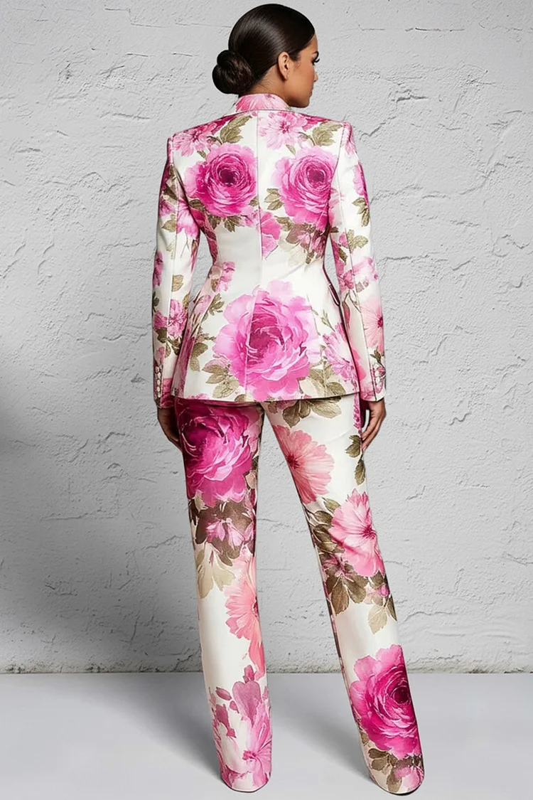 Xpluswear Design Plus Size Formal Pink Floral Lapel Collar Long Sleeve Pocket Two Piece Pant Suits