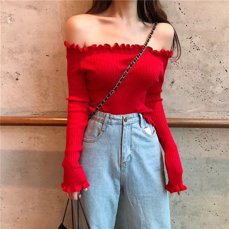 Uveng Uveng New Hong Kong Style Hottie Word Shoulder Wood Ear Long-Sleeved Knit Shirt Repair Short Bottom Top Anchor