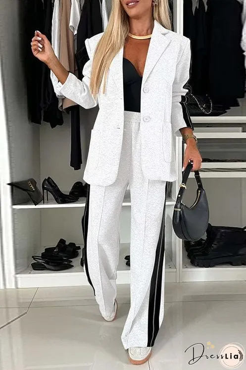 Meridress Patchwork Notch Lapel Pocketed Blazer Elastic Waist Wide Leg Pants Casual Set