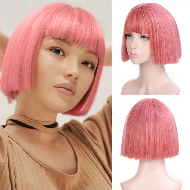 Jewtribute Hair®|Black Green Pink  Straight Bob Bangs Wigs For Women 
