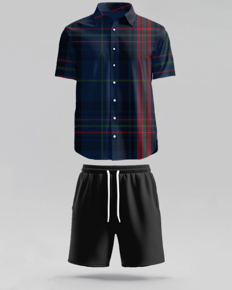 Big Build Men Classic England Plaid Short Sleeve Shirt Shorts Set