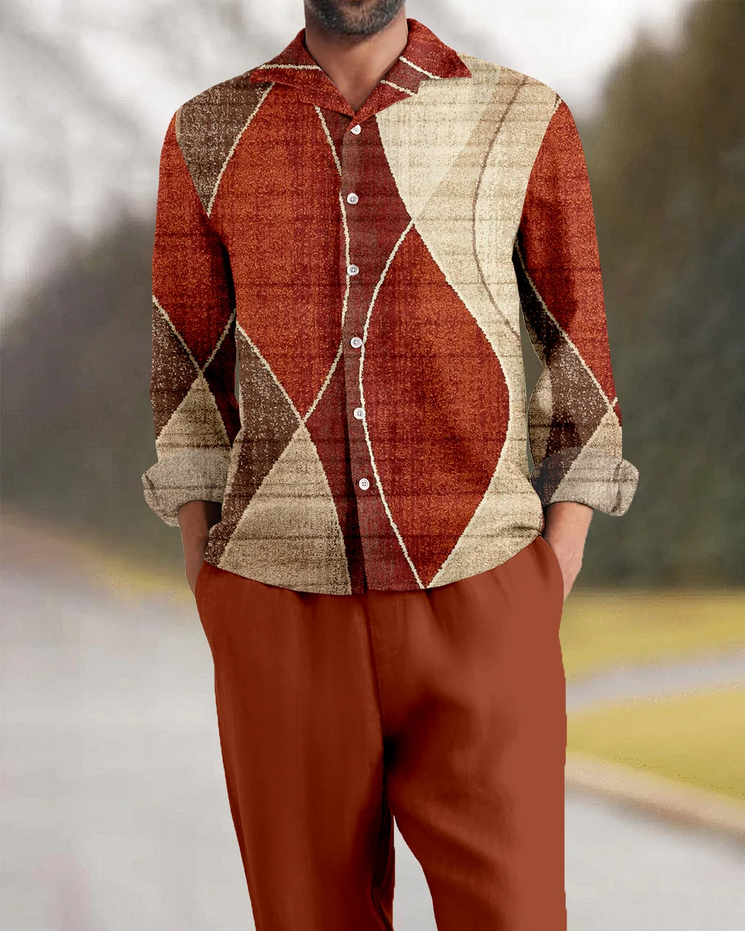 Suitmens Men's Gradient Geometry Long Sleeve Walking Suits-0135
