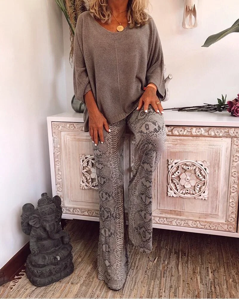 Animal Print Wide-Leg Pants Solid Color Knit Top Two-Piece Suit