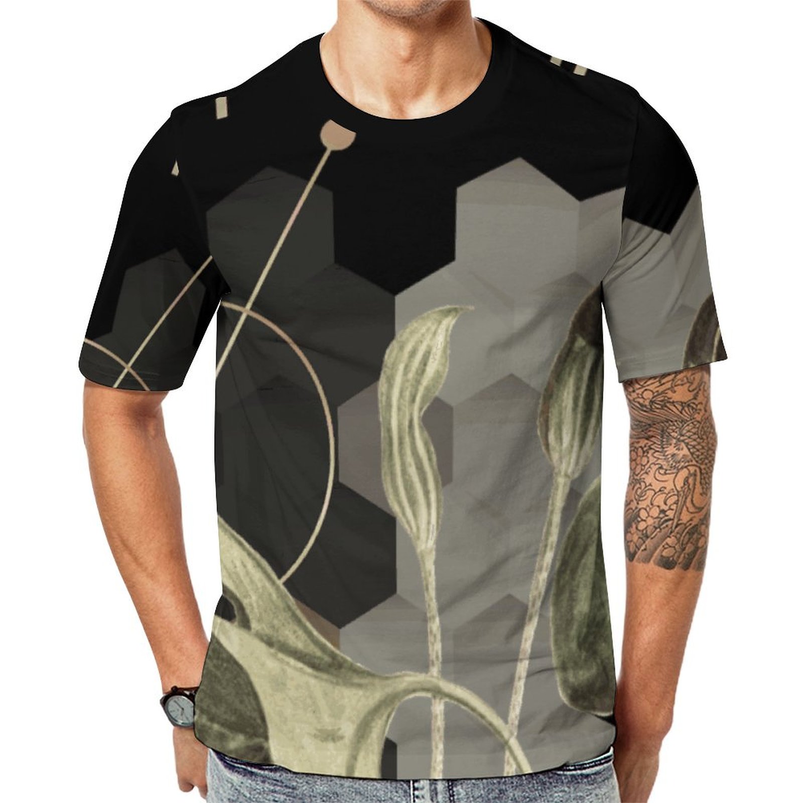 Gray Gold Artistic Floral Ombre Hexagon Short Sleeve Print Unisex Tshirt Summer Casual Tees for Men and Women Coolcoshirts