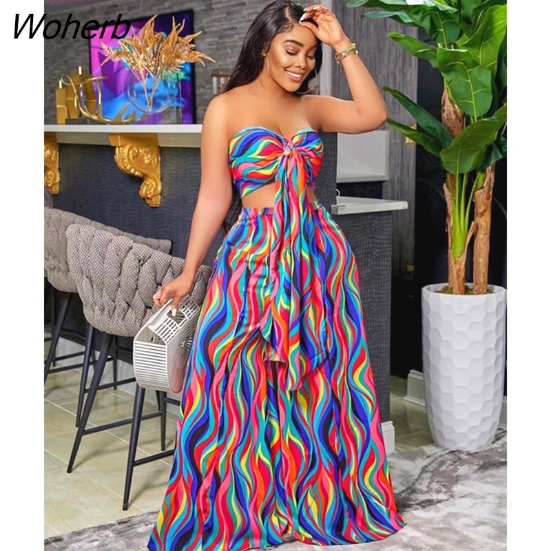 Woherb Elegant Wave Striped Women Two 2 Piece Set Outfits Sweatsuit 2023 Summer Bow Crop Top and Loose Dress Pants Matching Set