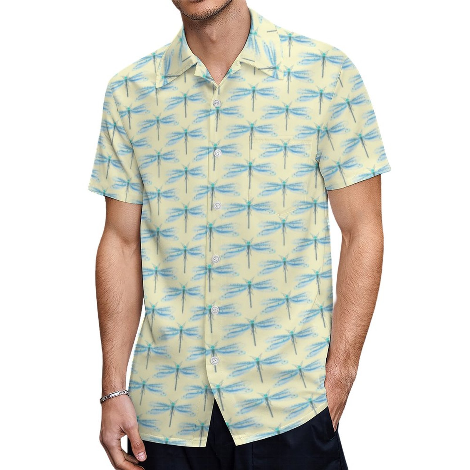 Vintage Insects Blue Damselfly Pattern Hawaiian Shirt Mens Button Down Plus Size Tropical Hawaii Beach Shirts