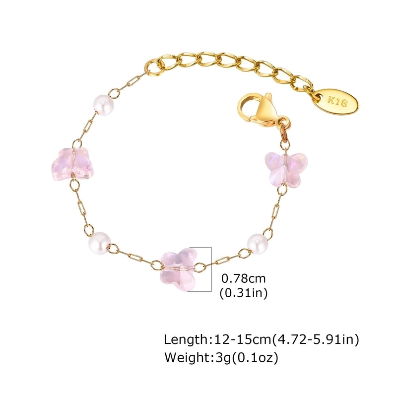 Stainless Steel Plated 18K Gold Chain Pink Butterfly Love Imitation Pearl Children’s Bracelet