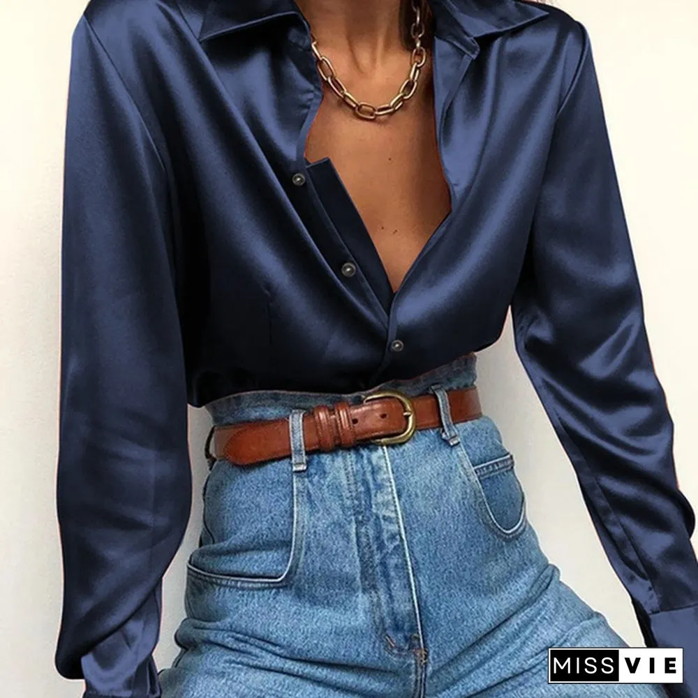 Autumn Women Silk Satin Long Sleeve Lapel Collar Shirt Tops Button Down Laides Casual Elegant Blouse Tops