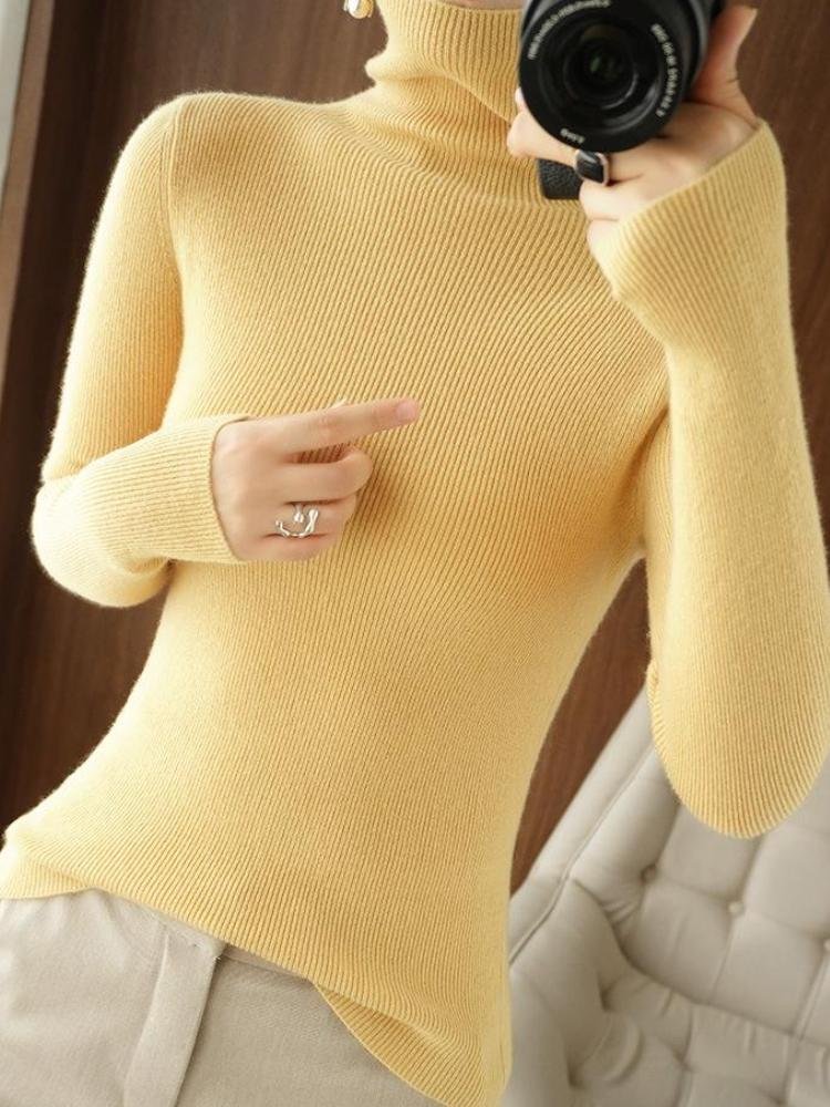 Women's High Neck Solid Color Slim Knit Underwear Long Sleeve Sweater