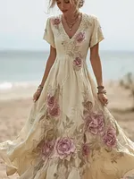 Bohemian Style Pink Rose V-neck Short-sleeved Dress