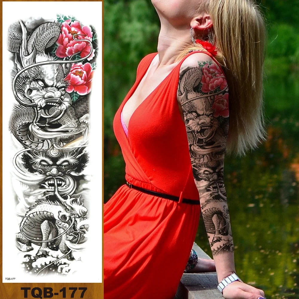 Full Flower Arm Temporary Tattoo Stickers Man Woman Adults Girls Body Sexy Fake Tatoo Dragon Tiger Mythical Beast Koi Skull DIY