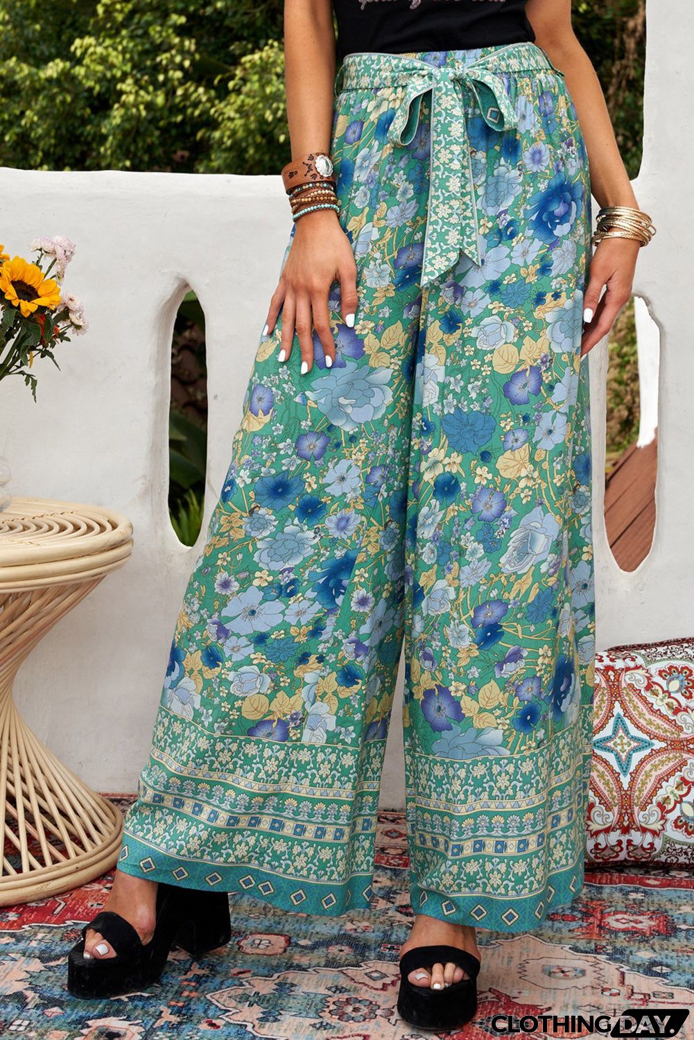 Green Floral Wide Leg Boho Pants