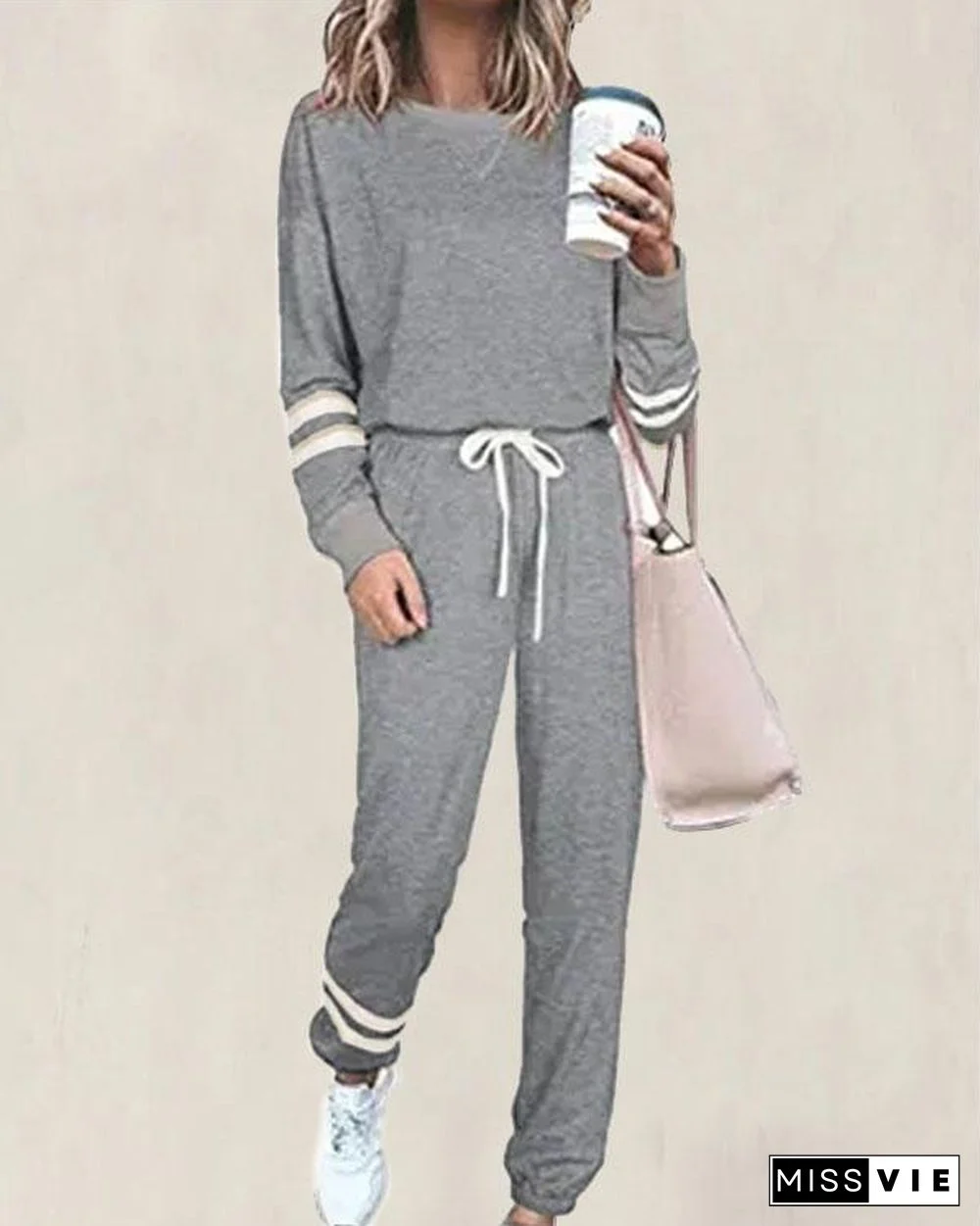 Casual Cotton Striped Two Pieces Set