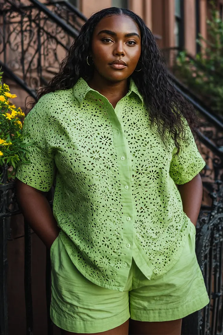 Xpluswear Design Plus Size Vacation Casual Green Shirt Collar Short Sleeve Pocket Cut Out Two Piece Short Sets [Pre-Order] 2024 - Xpluswear
