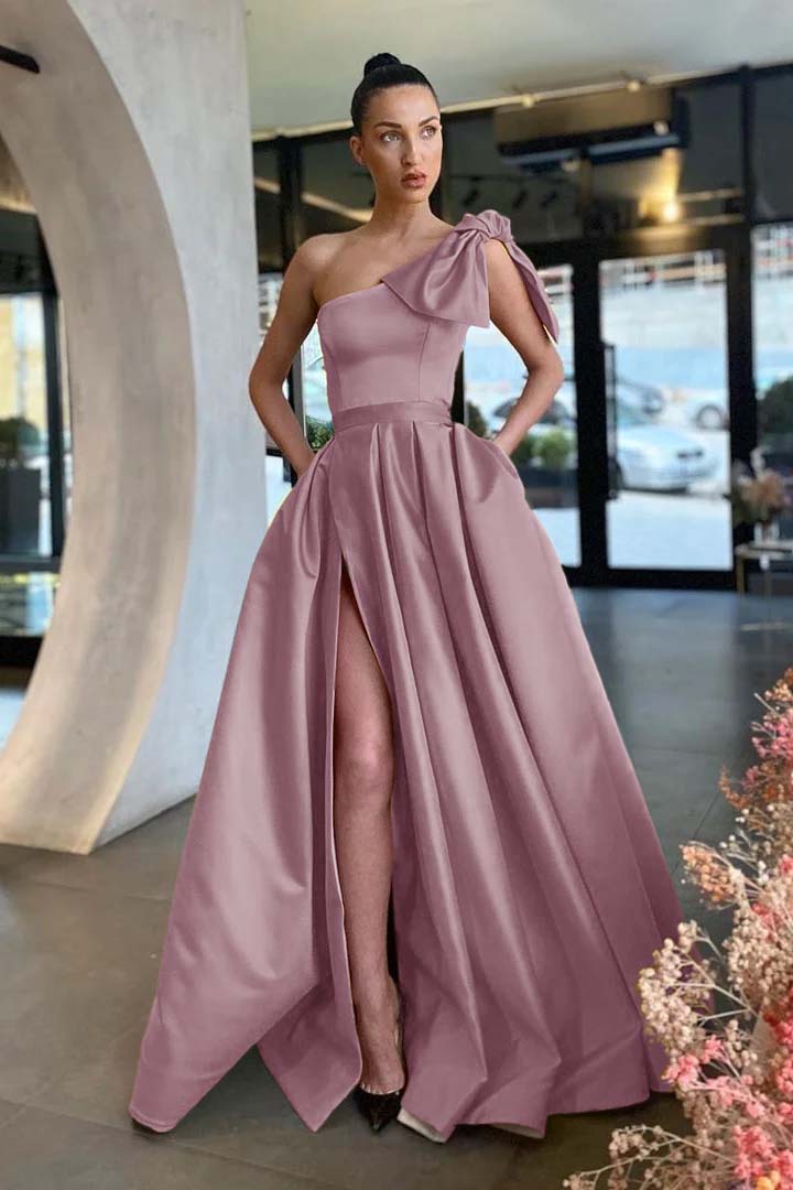 Daisda Gold Split One-Shoulder Prom Dress With Pockets