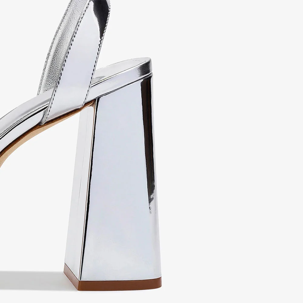 Open Round Toe Chunky Heel Buckle Silver Sandals with Platform