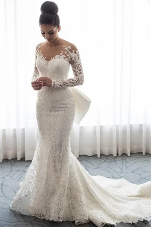 Amazing Long Sleeves Mermaid Lace Wedding Dress Bowknot With Detachable Skirt PD0944
