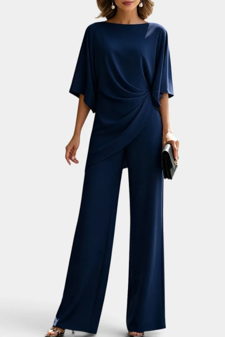 Asymmetric Draped Top with Wide-Leg Trousers Set