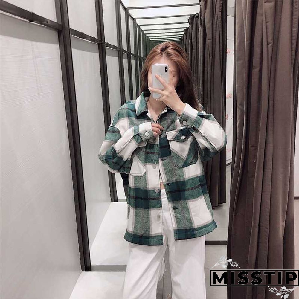 Classic Thick Colorblock Checked Button Down Shirt Jacket Woolen