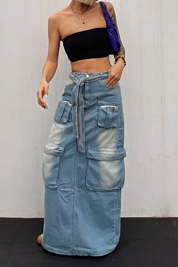 Gradient Punk Multi Pocket Belted Denim Skirt