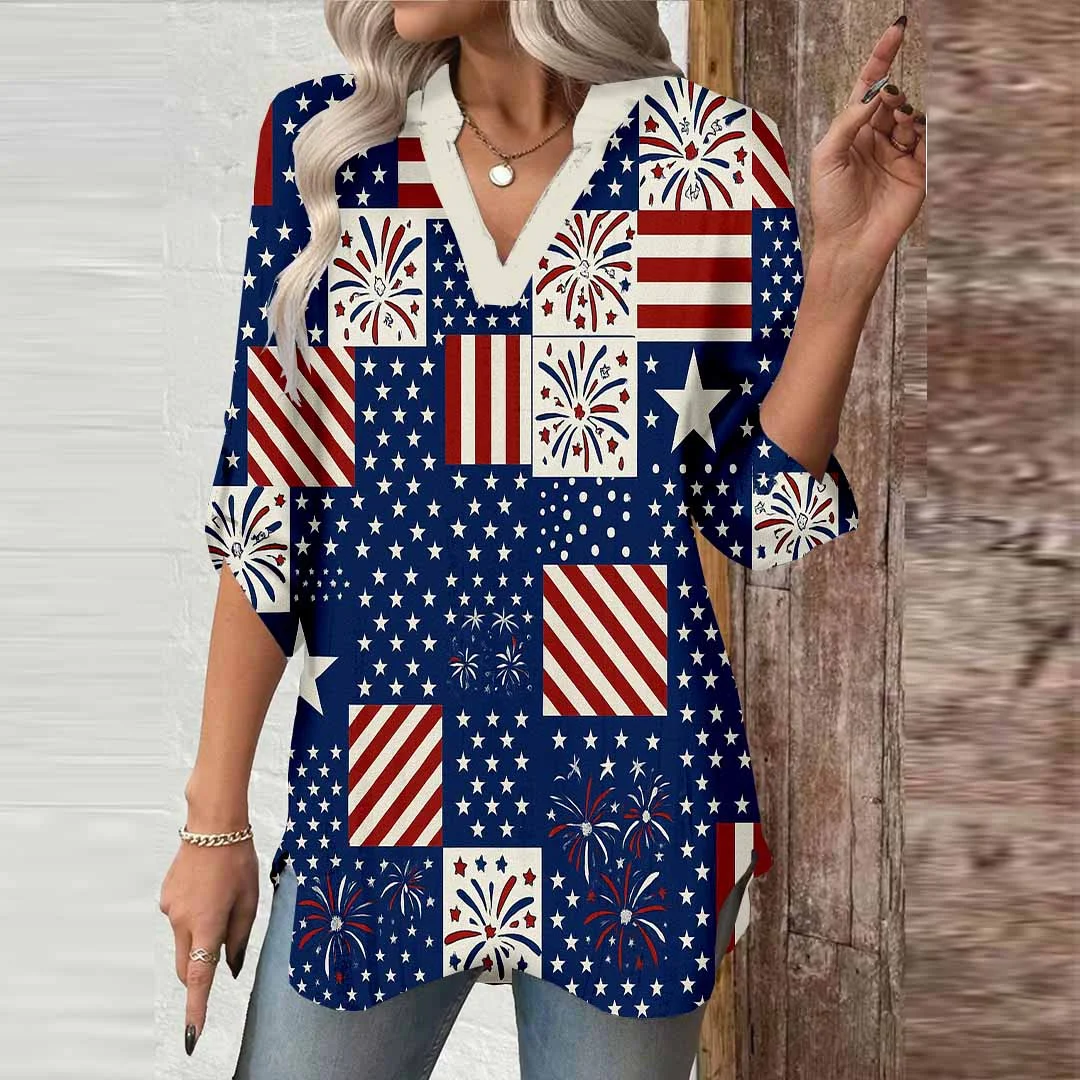 Women  Independence Day, Star, Striped, Blue, Red DZGA0229 3/4 Sleeve V-neck Printed Graphic Button Tops