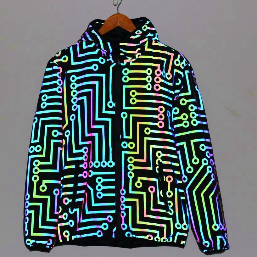 Toloer Circuit Grain Jacket Geometric Pattern Rainbow Color Reflective Jacket Hip Hop Mechanical Dance Dazzle Color Reflective Jacket-Outfit Ideas