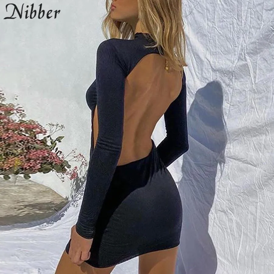 Nibber Sexy backless long sleeve skinny clubwear black mini Dress Women 2020 autumn Fashion Casual pure Bodycon Dresses mujer