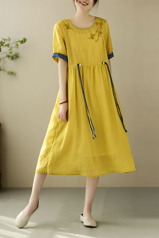 Summer Yellow Linen Embroidered Dress Short Sleeve Loose Dress Women