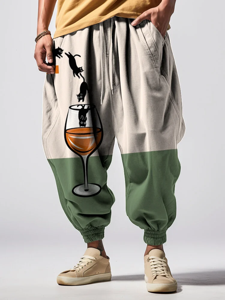 Men's Wine Black Cat Print Loose Drawstring Waist Sweatpants