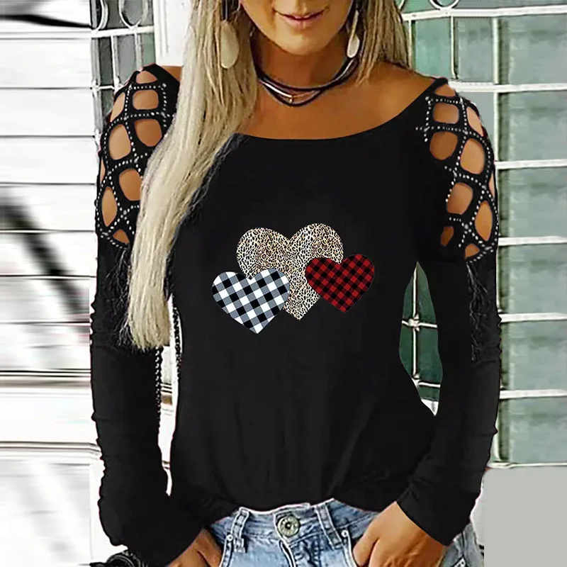 Sexy Love Printing Hollow Out Valentine's Long-sleeved Sequins T-shirt