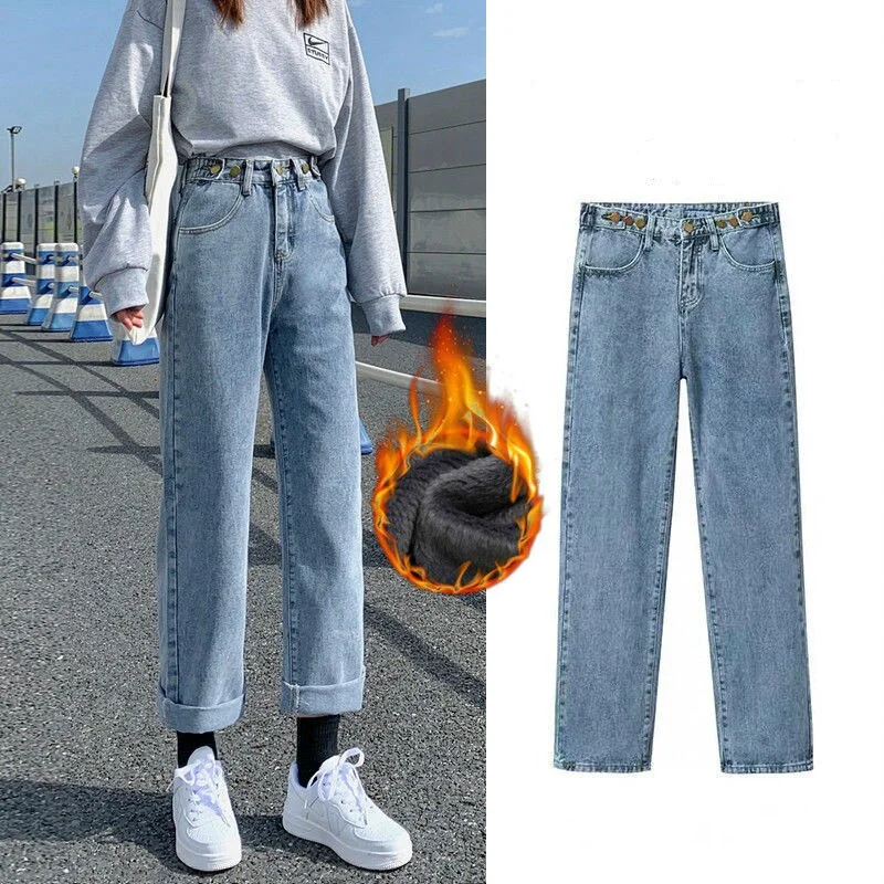 Ankle-length Jeans Women Plus Velvet Thickening All-match Winter Streetwear Solid Female Students Warm Denim Trousers Ulzzang