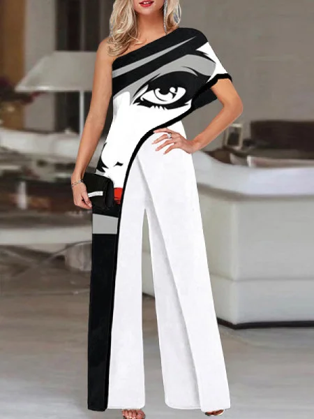 Vintage Single-sleeve Face Print Jumpsuit