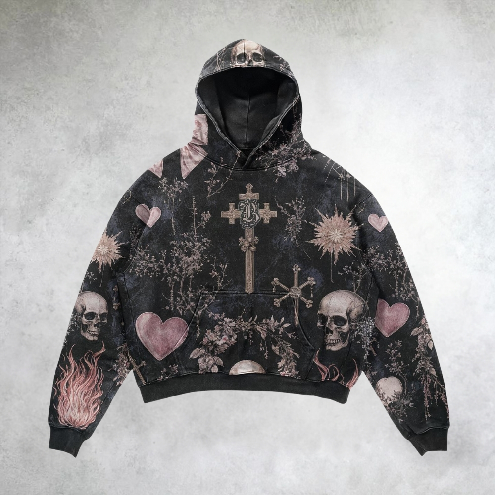 Gothic Romantic Skull & Cross Graphic Hoodie