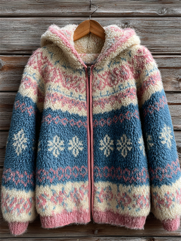 Snowflakes Contrast Color Fair Isle Cozy Hooded Fleece Jacket elevenforest