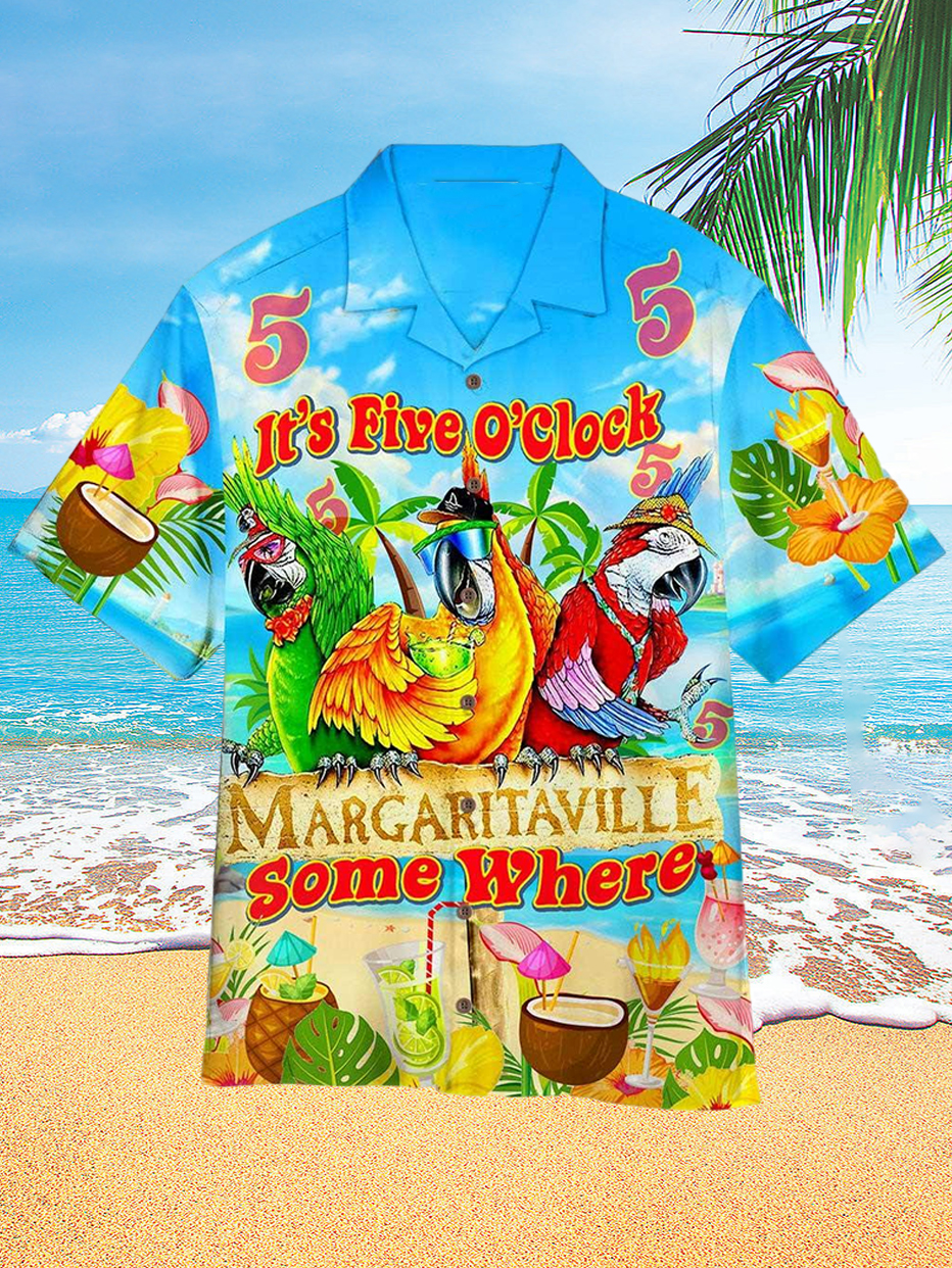 Men's Hawaiian Parrot Drinking Party Printed Resort Short Sleeve Shirt PLUSCLOTHESMAN