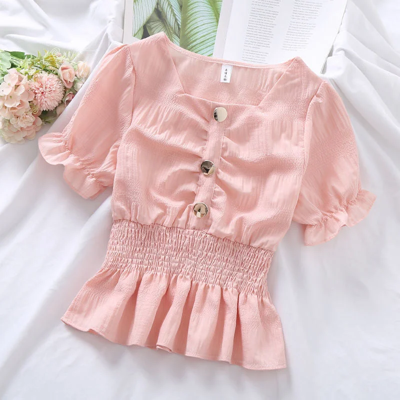 Blouses Women Candy Colors Ulzzang Kawaii Fashion Ins Preppy Clothing Summer Sweet Lovely Girls Slim 2021 Shirring Square Collar