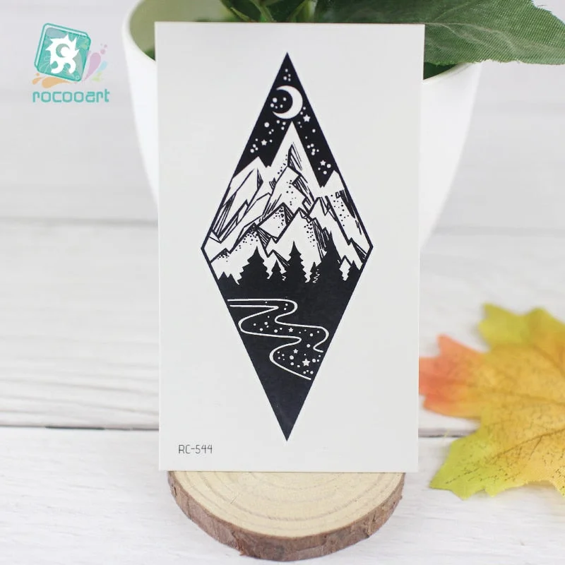 Free Shipping Planet Sun Mountain Pine Tree Temporary Tattoos Sticker Triangle Wave Tattoo Body Art Arm Black Small Fake Tattoo