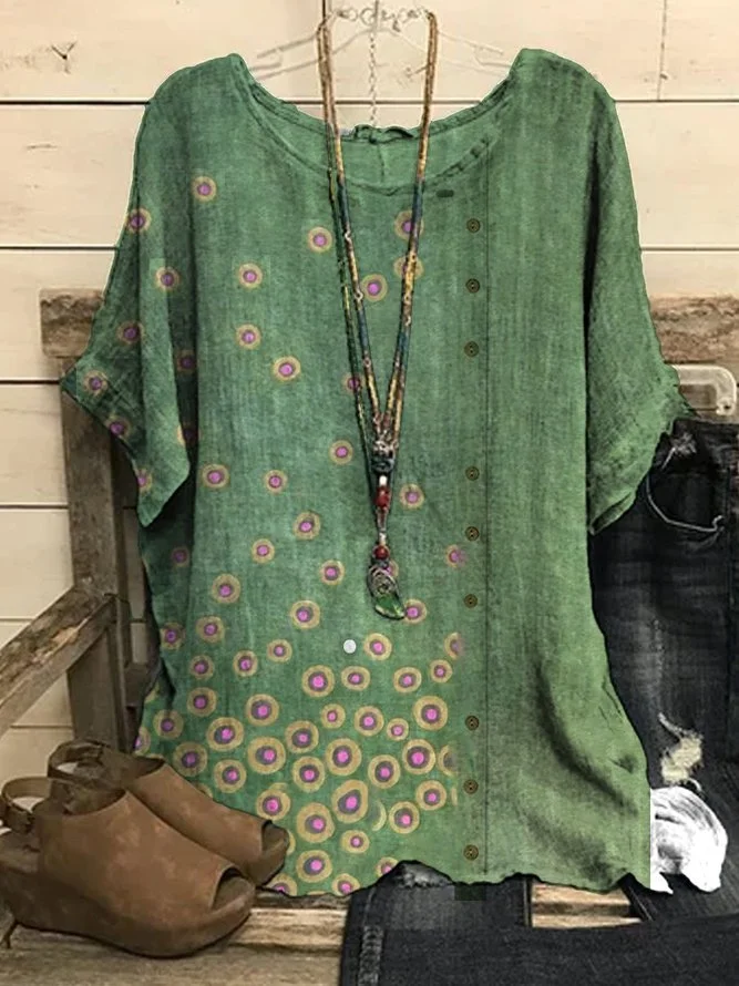 Round Neck Floral Vacation Linen Tunic Tops