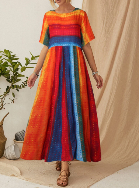 Crew Neck Short Sleeve A-line Boho Dresses P10006