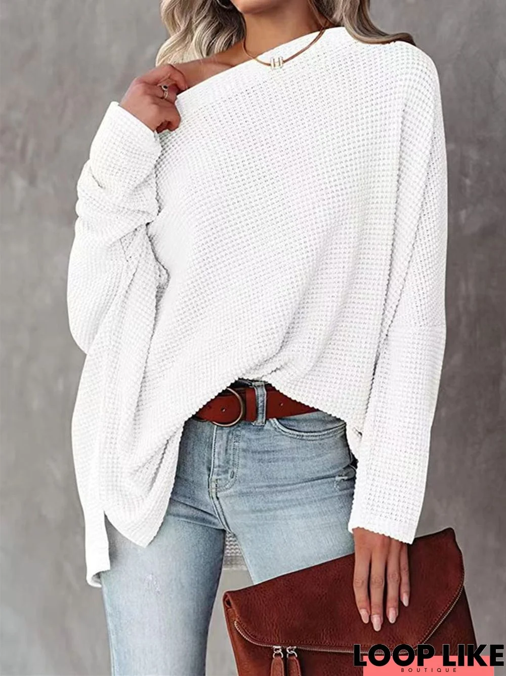 Women's Casual Off Shoulder Bat Long Sleeve Waffle Knitting Sweater