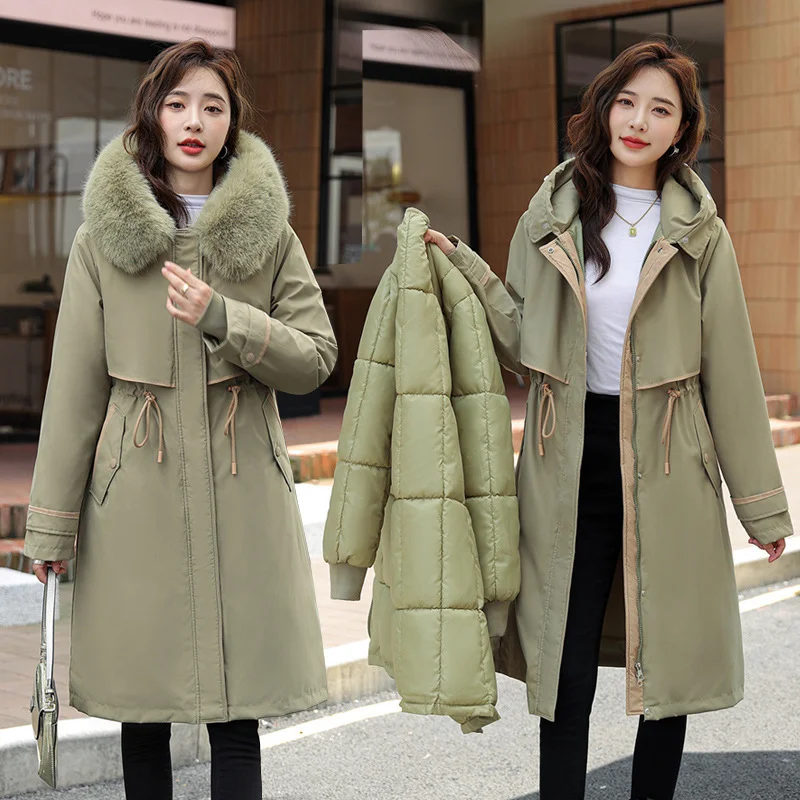 Woherb One Dress Three Wear Detachable Pie To Overcome The Wool Collar Female Long Knee Cotton-Padded Clothes And Thick Waist Show Thin Cotton Coat-Outfit Ideas