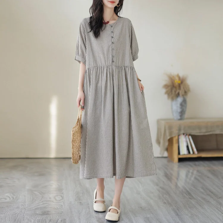 Women Summer Casual Stripe Cotton Linen Dress