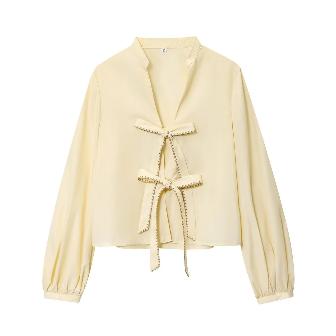 Nigikala Nigikala New Fashion Temperament Bow Striped House Silk Lining Long-Sleeved Shirt 1971160